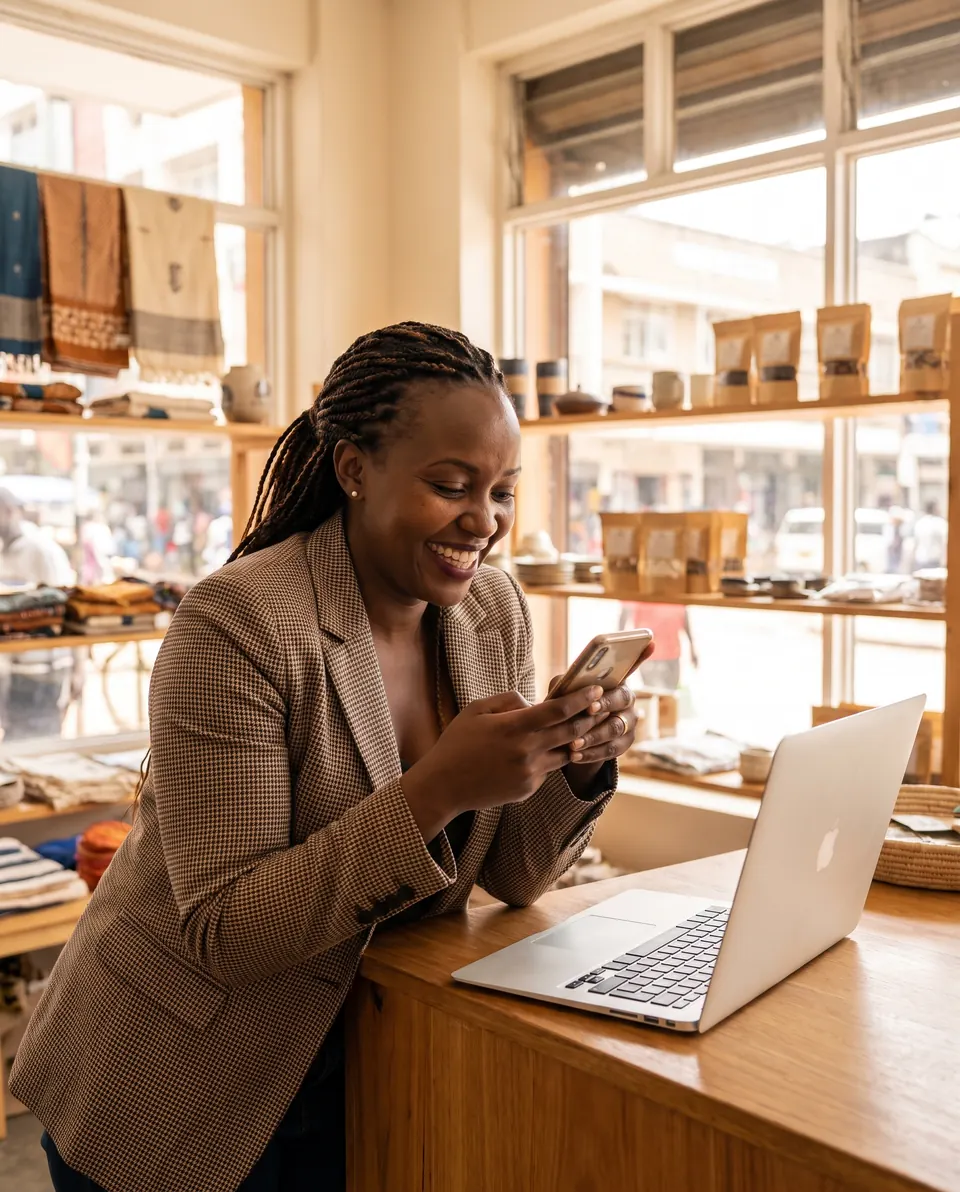 A Kenyan business owner in her shop smiling at a new customer enquiry on her phone